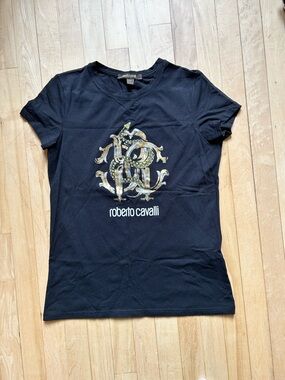 Roberto Cavalli Black T-Shirt with Gold Crest Graphic